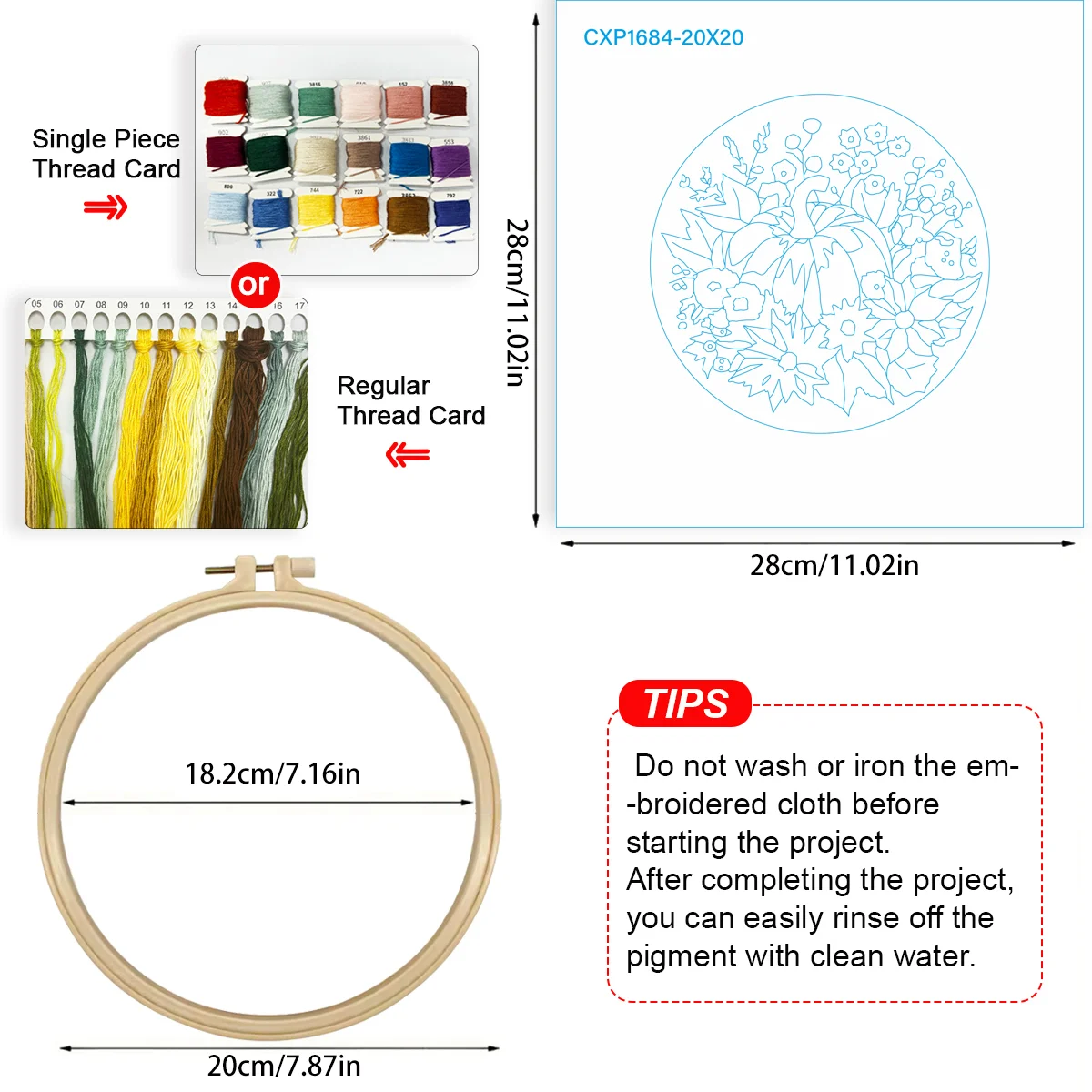 1 Stück 20X20CM/15X15CM 7,87/6,3 Zoll Kürbis-Stickerei-Starter-Kit DIY-Kit DIY-Stickerei-Set für Anfänger – Detail 5