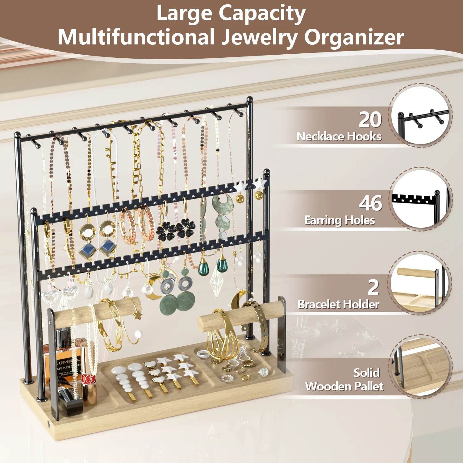 Jewelry Display Rack Earrings Ring Necklace Watch Jewelry Shelf Organizer Bracelet Stand Holder Hooks Storage with Jewelry Tray