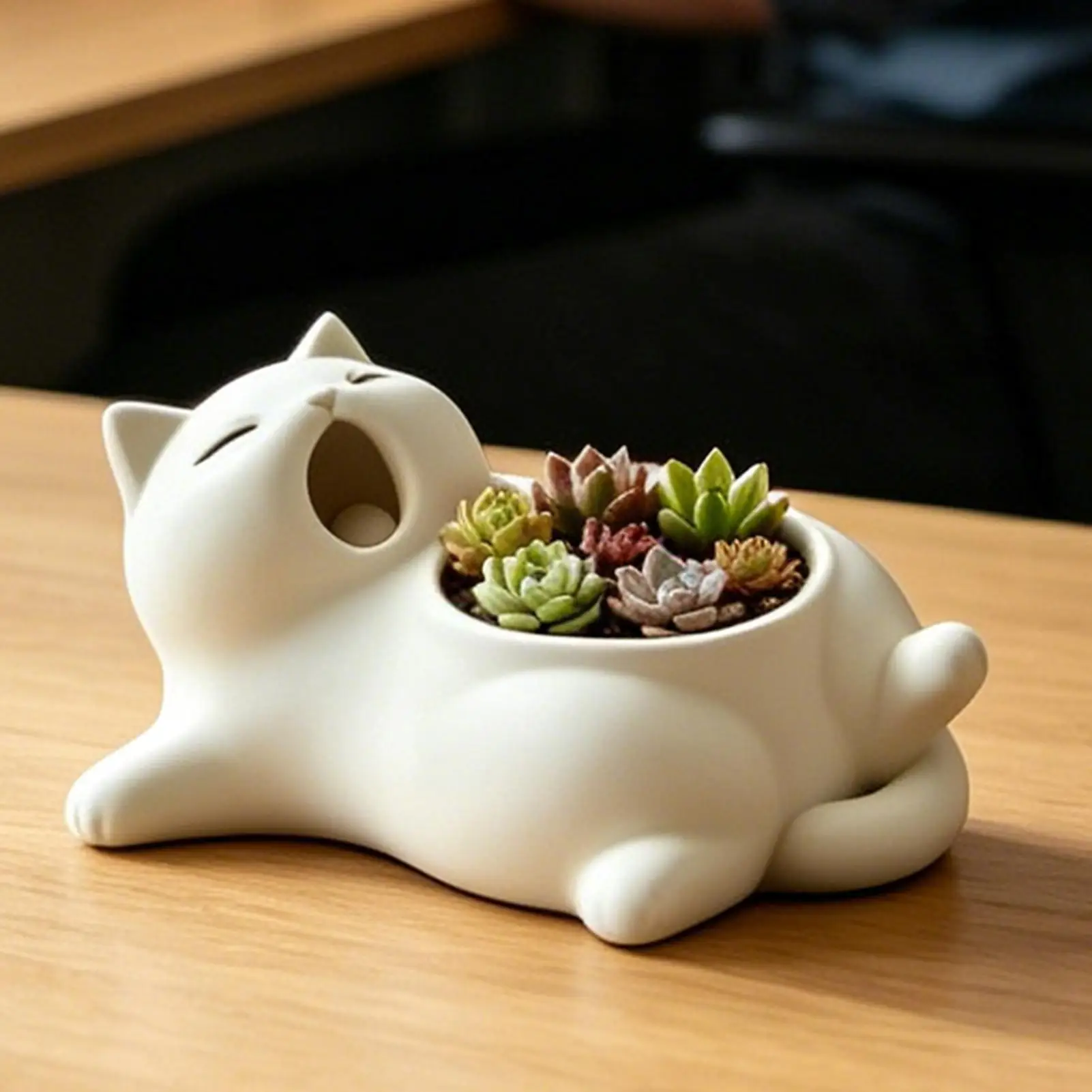 Cat Planter Cute Yawning Animal 3D Printing Small Cactus Pots for Home Office Living Room Entryway Balcony Bookshelf Desktop