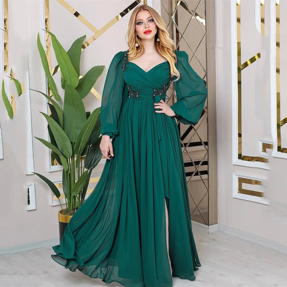 

Customized Long Sleeve A-line Illusion Sweetheart Neck Prom Gown Chiffon Lace High Slit Pleat Evening Dresses for Women فساتين ا