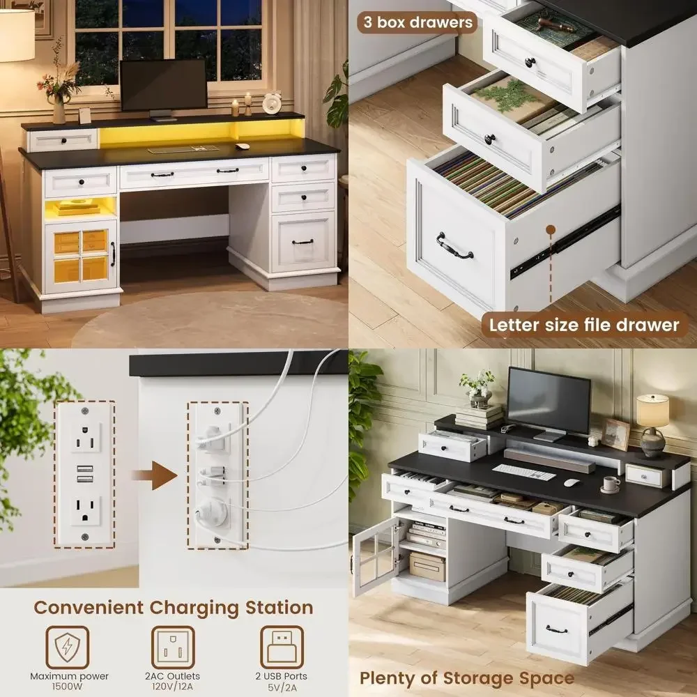 

Contemporary White Office Desk with Drawers, Power Outlet, LED Lights, Storage Cabinet, and Monitor Shelf