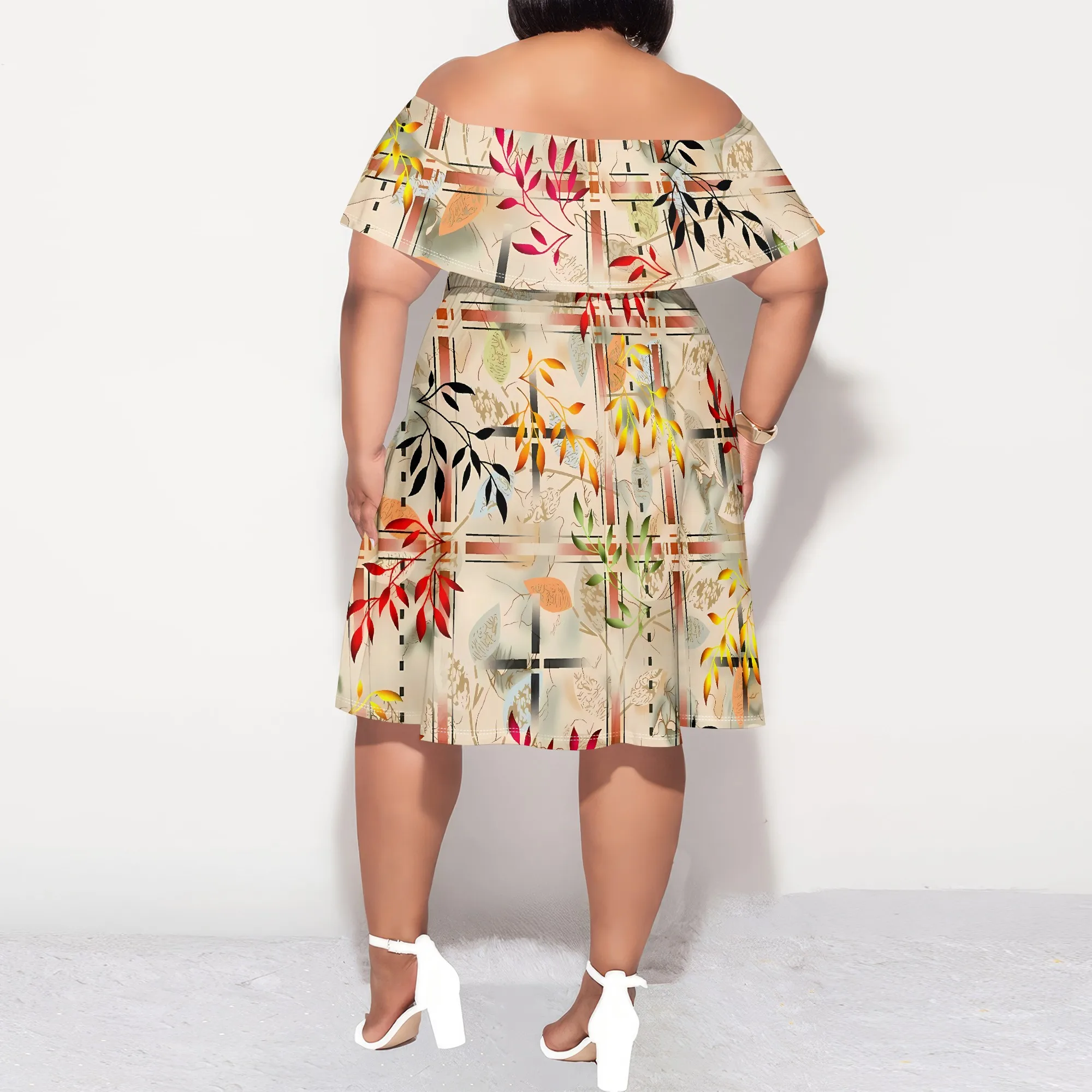 Plus Size Off Shoulder Abstract Floral Dress Women Summer Lightweight Mini Dress