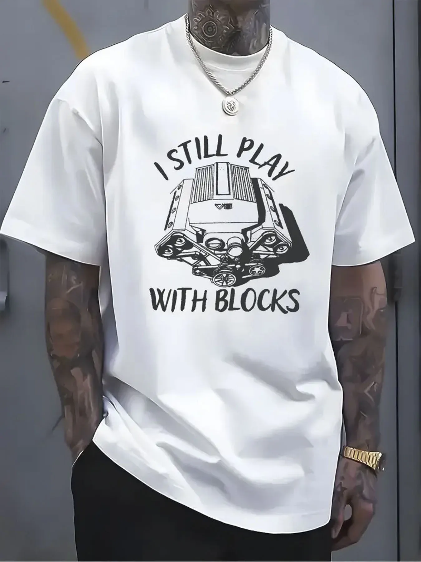 Men's 100% Cotton T-Shirt with I Still Play with Blocks Graphic Print Casual Tee Soft Fabric Fun Pattern Streetwear Style