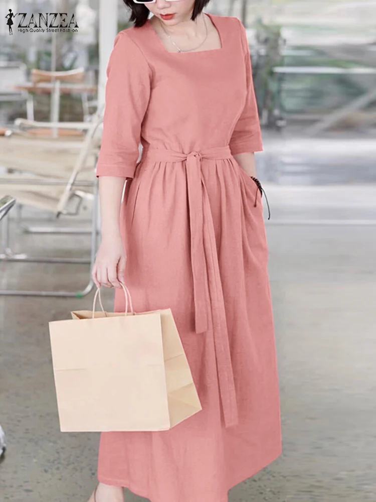 ZANZEA 2025 Frauen Kleider Casual 3/4 Hülse Square Neck Gebunden-Taille Mid-Länge Roben Femme Alltag Tragen Solide vestidos