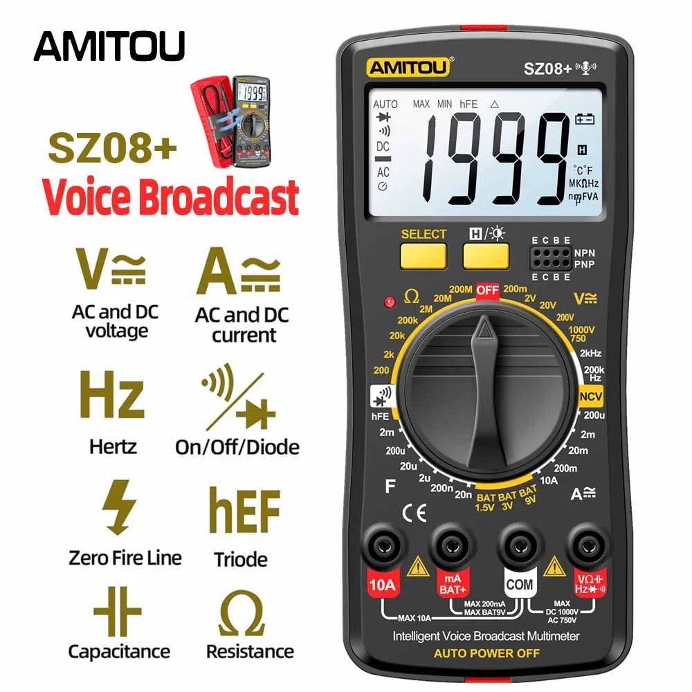 AMITOU SZ08 + inteligentny multimetr transmisji głosu cyfrowy profesjonalny AC DC miernik prądu Hz hFE Ohm narzędzie z Alarm głosowy