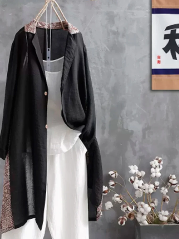 레트로 린넨 여성용 루즈핏 가벼운 롱 코트 중간 길이 자외선 차단 단색 출퇴근용 단추 디테일