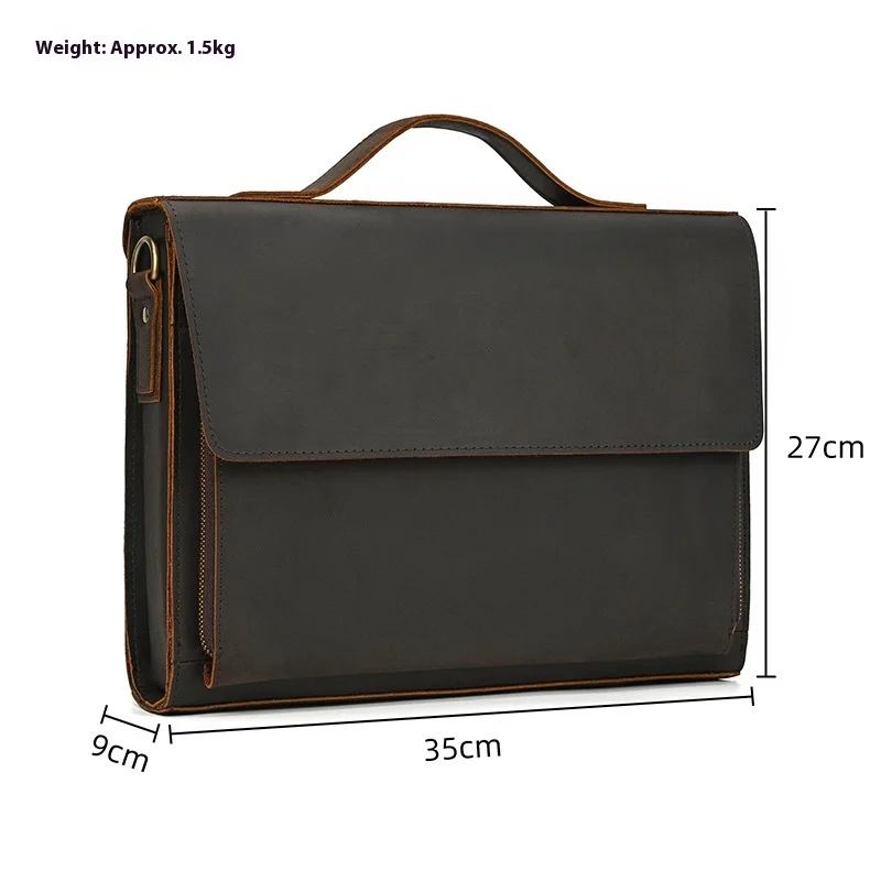 Men's Genuine Leather Shoulder Bag Crazy Horse Flip Crossbody Bag 13 Inch Business Tote Commuting Man Bag