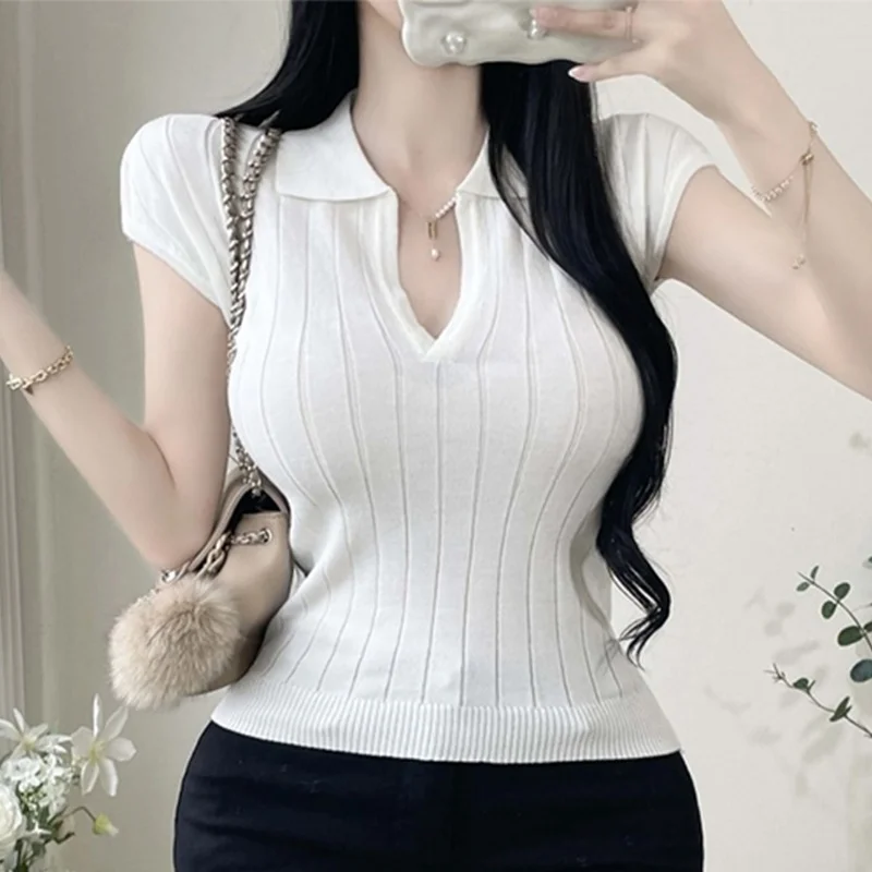 

Slim Fit Sexy Short Sleeve Knitted Top Women's Fashionable Breathable Micro Translucent Turn-down Collar Casual Style
