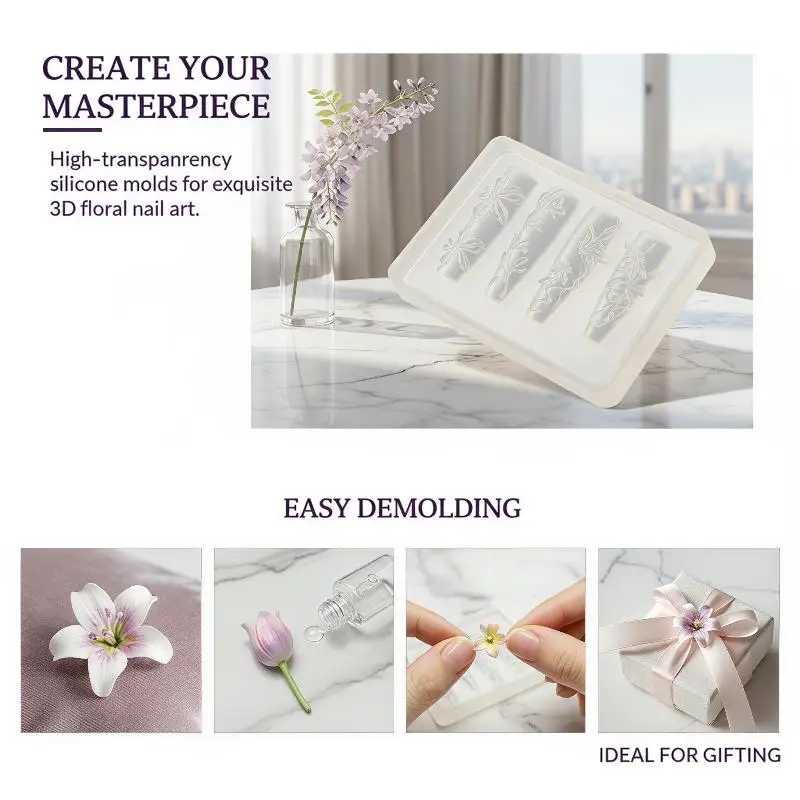 Hoyytu 3D Flower Nail Art Silicone Molds Reusable Tear Resistant Easy Demold for Beginner DIY Manicure Decoration