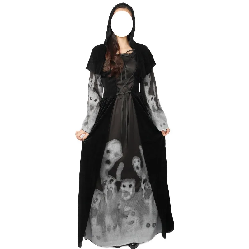 Costume d'Halloween pour Femme, Robe de Mort de Sorcière, Modules, Seton, Vampire, Noir, Slim, Jupe Maxi, Robe de Soirée Rétro