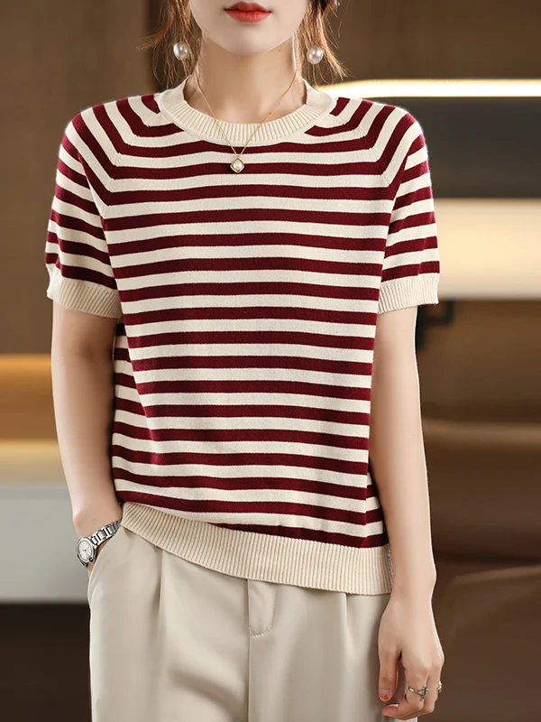 Pure Cotton round Neck Striped Knitted Short Sleeve T-Shirt Women's Loose Thin Inner Wear Full Cotton Shoulder Insertion Shor...