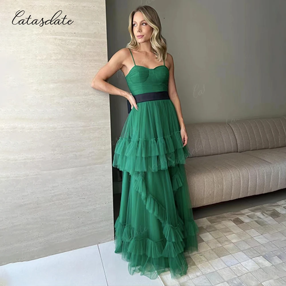 Catasdate-Robe de Soirée Verte avec Ceinture pour Femme, Tenue Élégante, Formelle, de Mariage, de Bal, Éducative