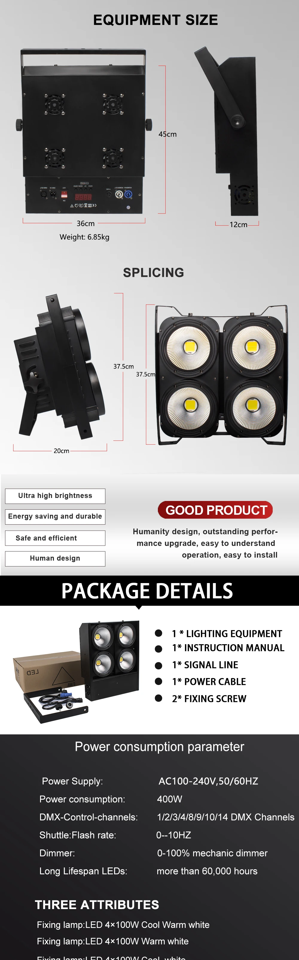SHEHDS 4x100w Kühles Warmweiß COB Par 400w Blinder Publikum Licht Für DJ Disco Weihnachtsdekoration Waschen Strobe-Effekt – Detail 5
