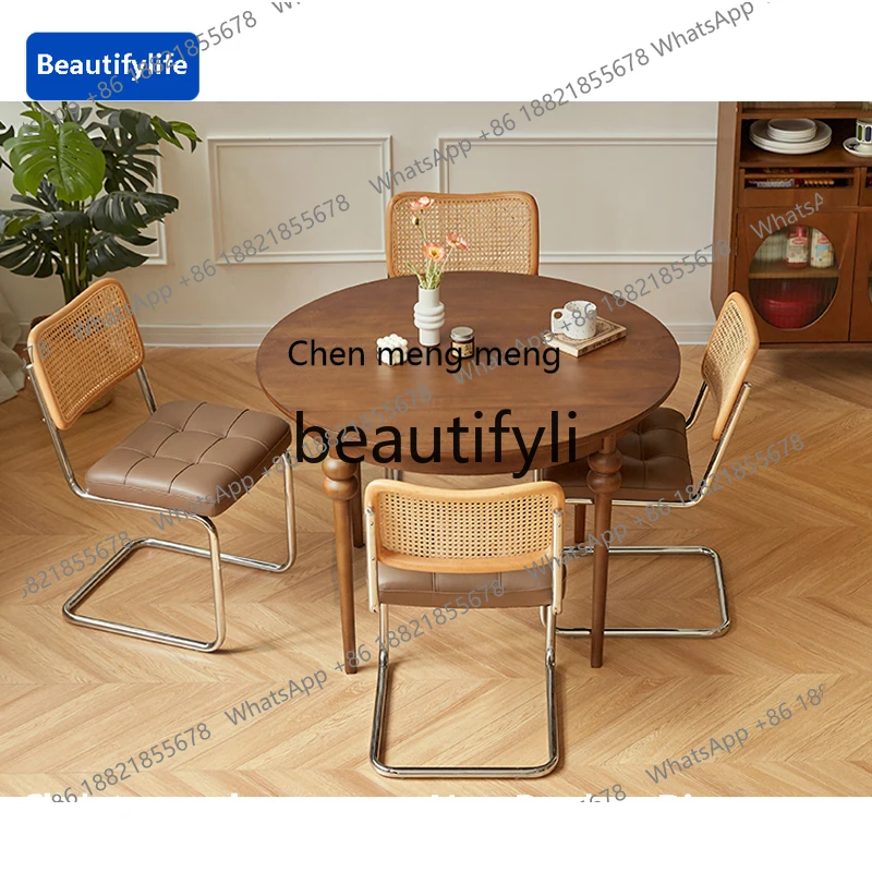cqy French Retro Dining Table Round Solid Wood Design Small Apartment Dining Set Customizable