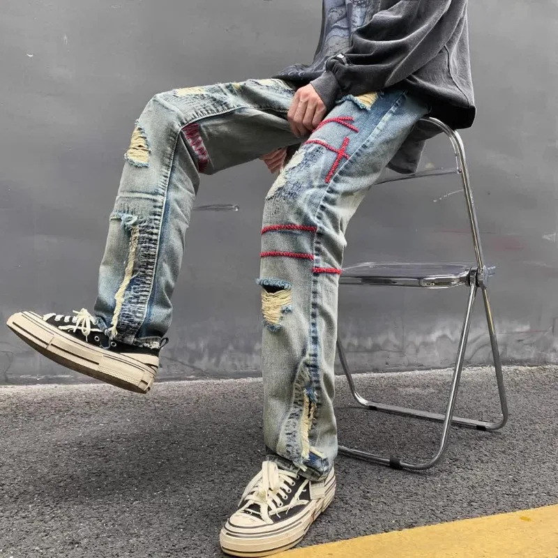 Torn Male Cowboy Pants Broken Ripped Trousers Korean Fashion Casual Luxury Grunge Y2k 2025 Xs Embroidery Men's Jeans with Holes