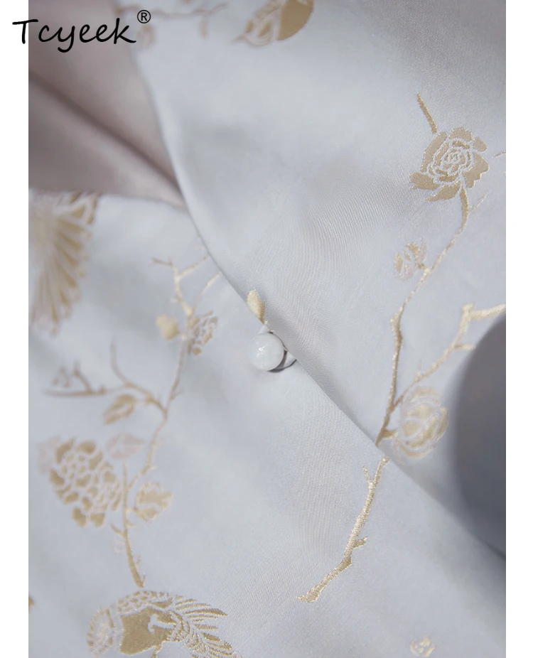 طقم معطف قميص حرير التوت 50% من Tcyeek للنساء، جاكار ساتان بأكمام طويلة، أطقم علوية كلاسيكية أنيقة، ربيع 2024 S41093QM #5