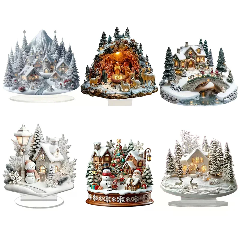 2D elegante Acryl-Weihnachtsdekoration, Schneehäuse und Rentierszene, Heimbüro-Ornamente, festlich, warm, Party-Geschenk, Foto-Requisiten