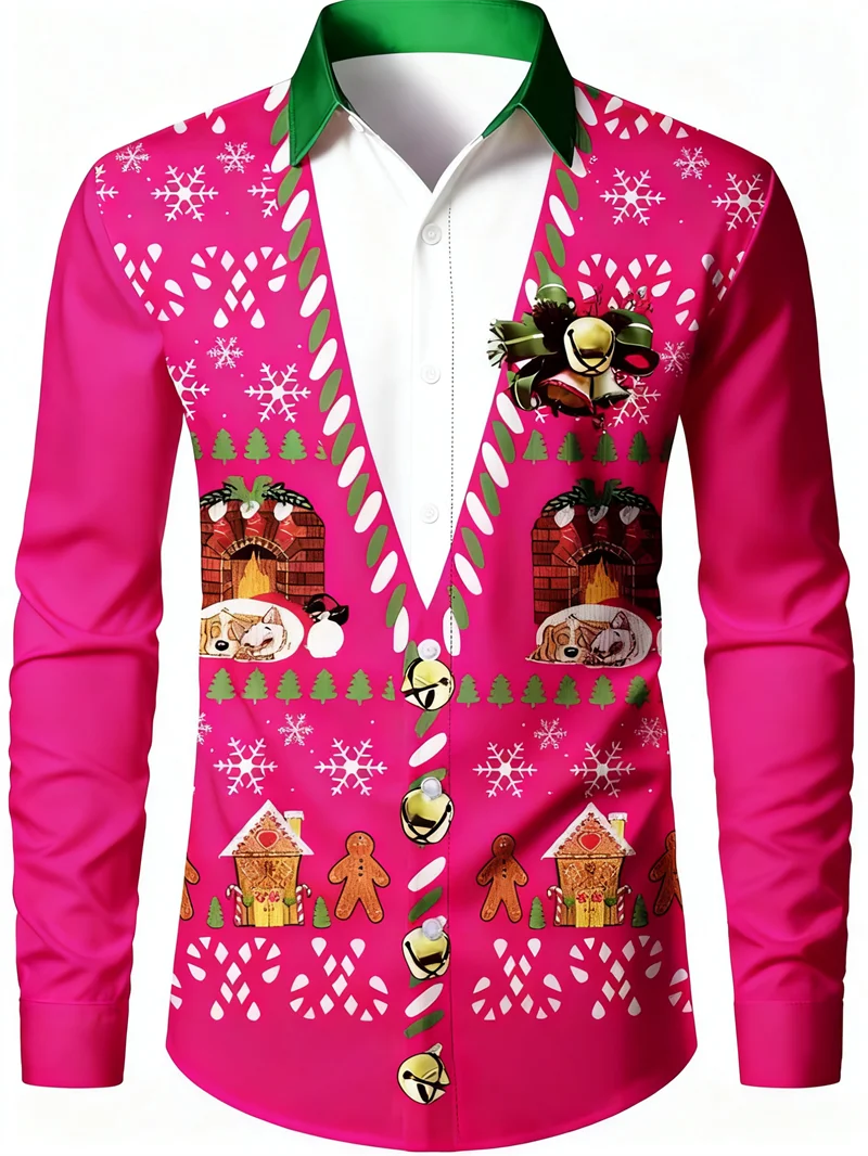 

2025 Рождественский подарок, мужская рубашка с 3D принтом, рождественская рубашка с длинным рукавом и воротником на пуговицах, модная повседневная рубашка, топ