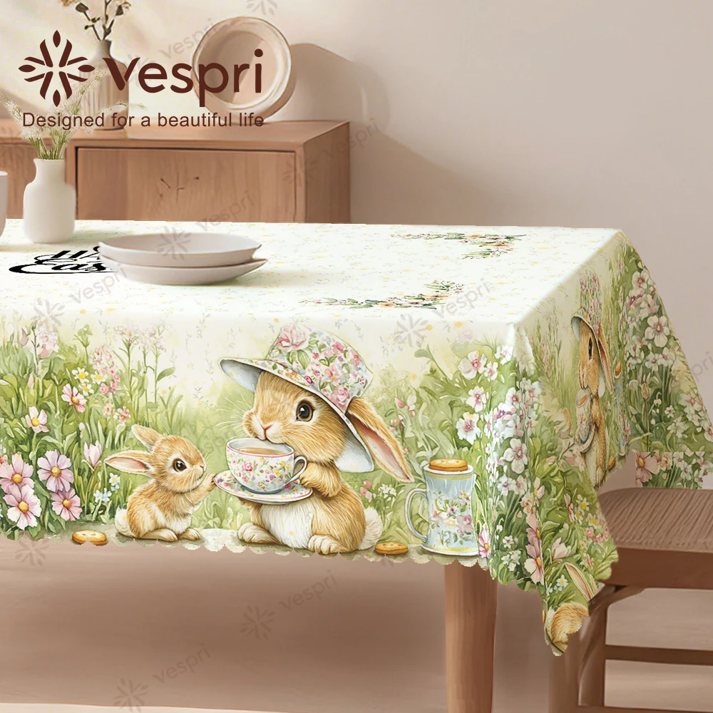 Vespri Oster-Tischdecke Weiß-Grün Blumenmuster mit Hasen und Tassen Runde Rechteckige Ovale Tischdecke für Partydekoration