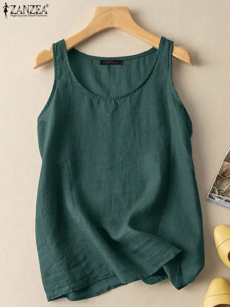 ZANZEA Summer Vintage Tanks Tops Women O Neck Sleeveless Solid Cotton Blouse Fashion Casual Beach Blusas Female Holiday Shirt