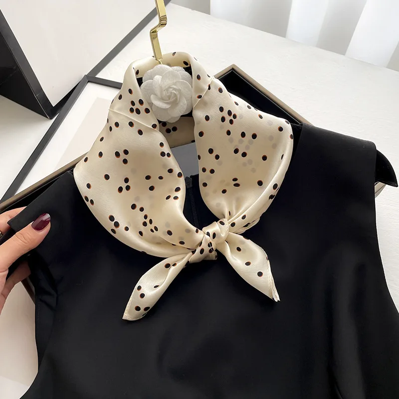Mulberry Silk Small Square Scarf for Women Polka Dot Print Thin Breathable Lapel Suit Decorative Lightweight Spring