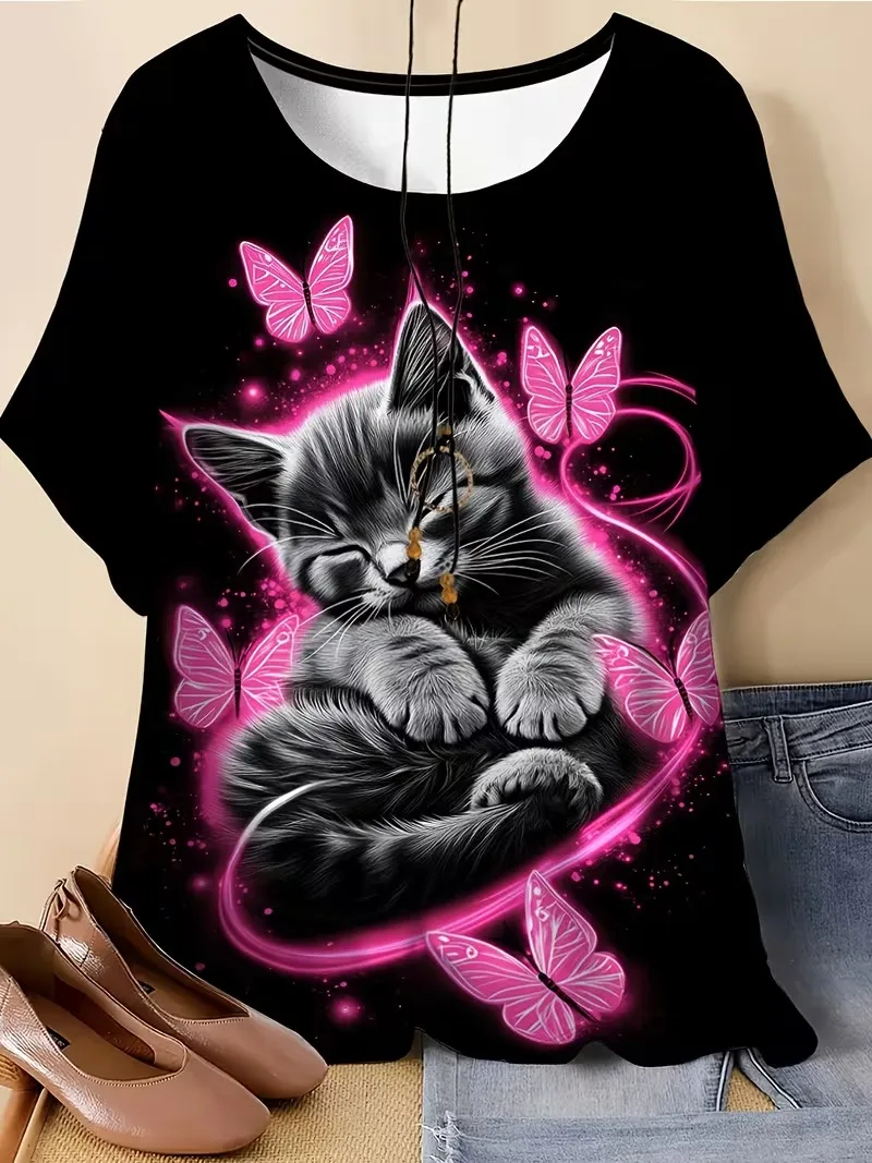 Funny music cat 3D printing women's T-shirt summer casual short sleeved daily street round neck plus oversized women's clothing