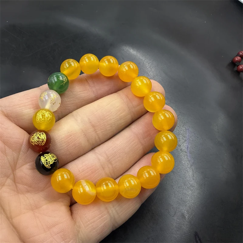 

10mm Agate Five-Way Fortune God Round Bead Women, Yellow Chalcedony Bracelet