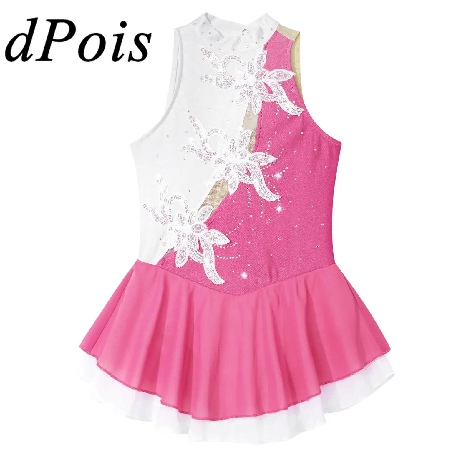

Kids Girls Ballet Jersey Lyrical Dance Dresses Shiny Rhinestone Gymnastics Leotards Ice Figure Skating Costume Performance Dress