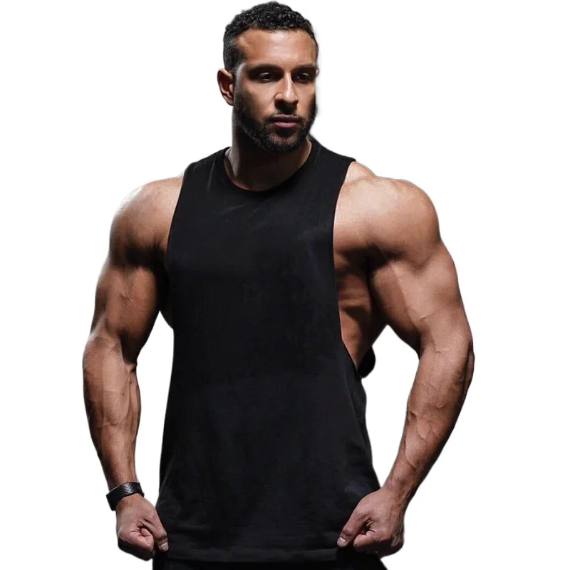 New Drop Armhole Tank Top Men Bodybuilding and Fitness Sleeveless T-Shirt Solid Color Cotton Side Cut Off Gym Clothing