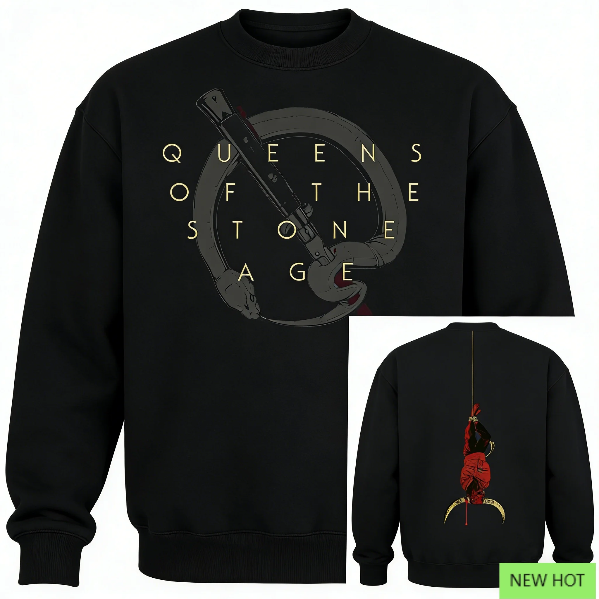 سويت شيرت Queens of The Stone Age بغطاء للرأس برسومات داكنة وطباعة ذهبية سوداء كاجوال للجنسين ملابس خروج لمحبي الروك البديل