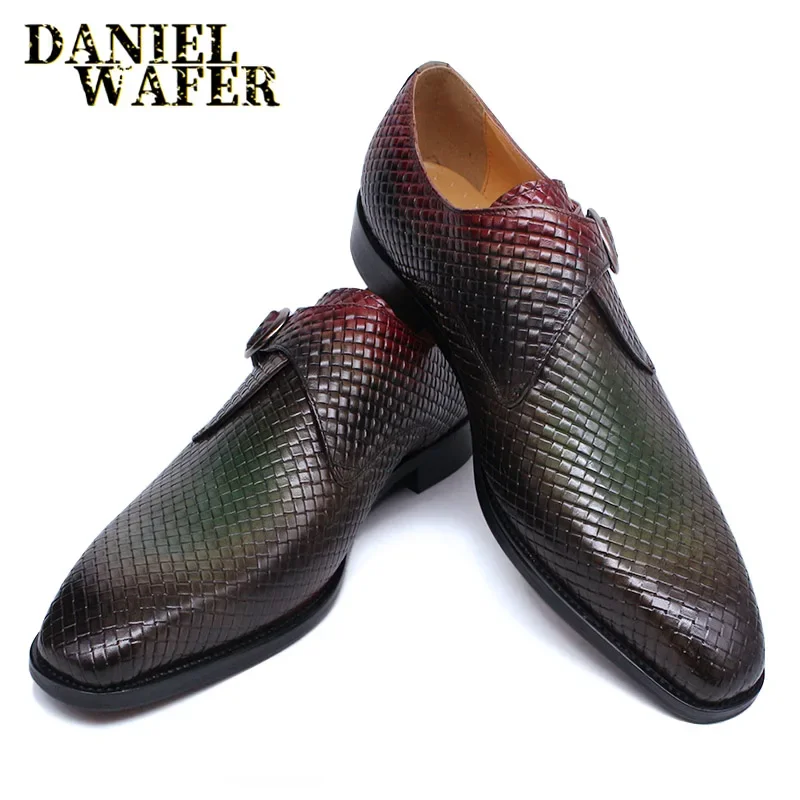 Luxury Men's Genuine Leather Loafers Slip-On Monk Strap Shoes - Casual Office Business Wedding Mix Color Black - view 5
