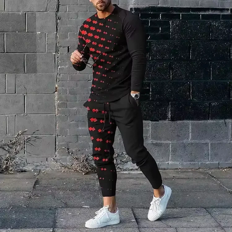 Populer, ropa de verano/otoño para hombre, camiseta de manga larga con estampado 3d + Pantalones, conjunto de dos piezas, camiseta de manga larga para hombre, conjunto de pantalones