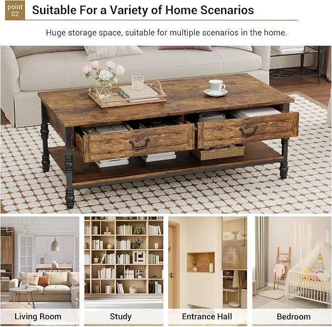 41 Inch Rustic Coffee Table with 2 Drawers, Industrial Wood & Metal Coffee Table with Storage Shelf Cocktail Table for Office