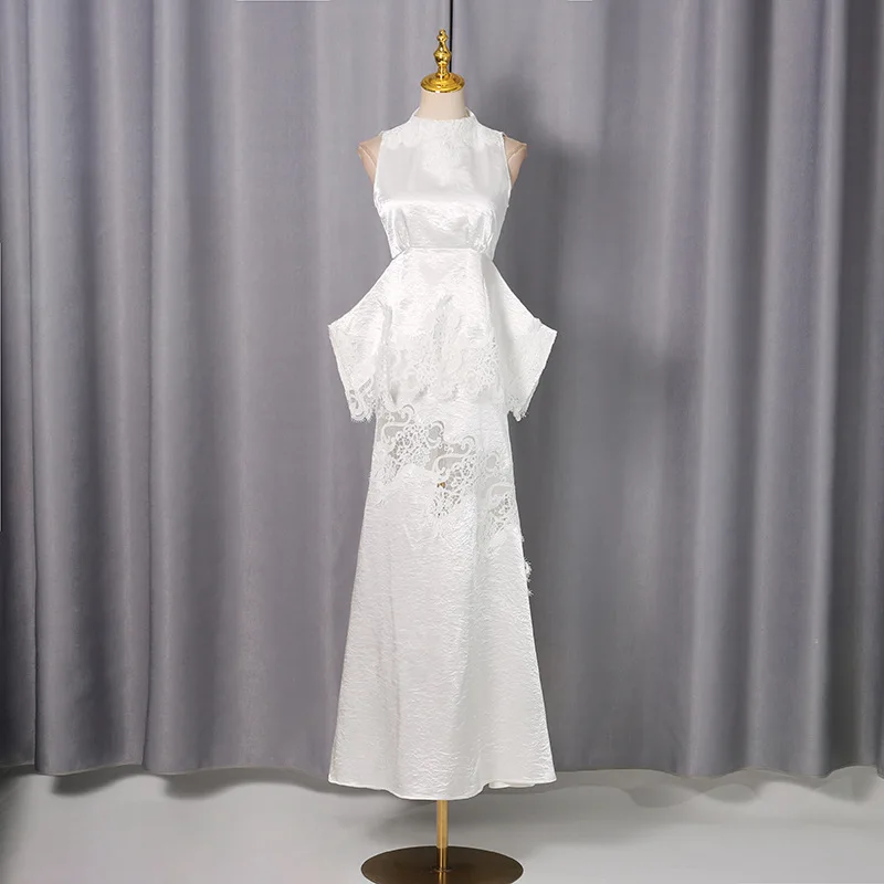 

Women’s White High-Neck Sleeveless Lace Patchwork Asymmetric Bodycon Maxi Dress Luxury Formal Evening Gown