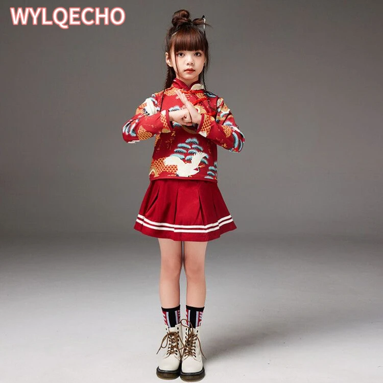 Boy Ancient Tang Costume Stage Clothing Red Chinese Style Printed Clothes Set Girl Hanfu Skirt Style Chinese New Year Outfit