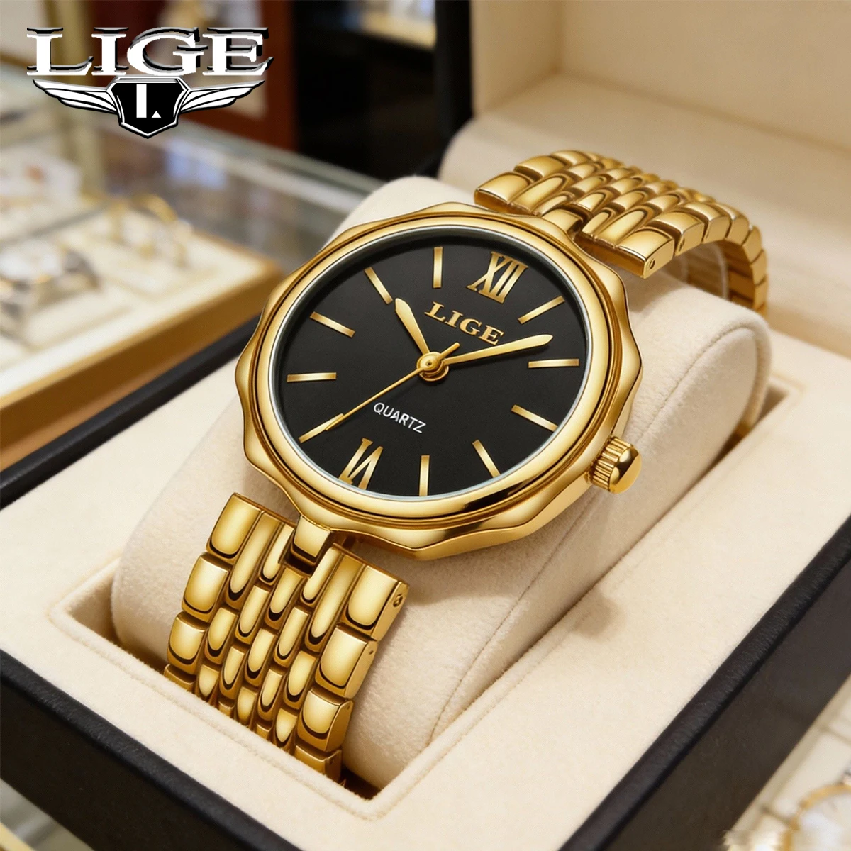 

LIGE Luxury Women's Watches Elegant Gold Watch for Women Calendar Luminous Quartz Wristwatch Ladies Watch Relogio Masculino +Box