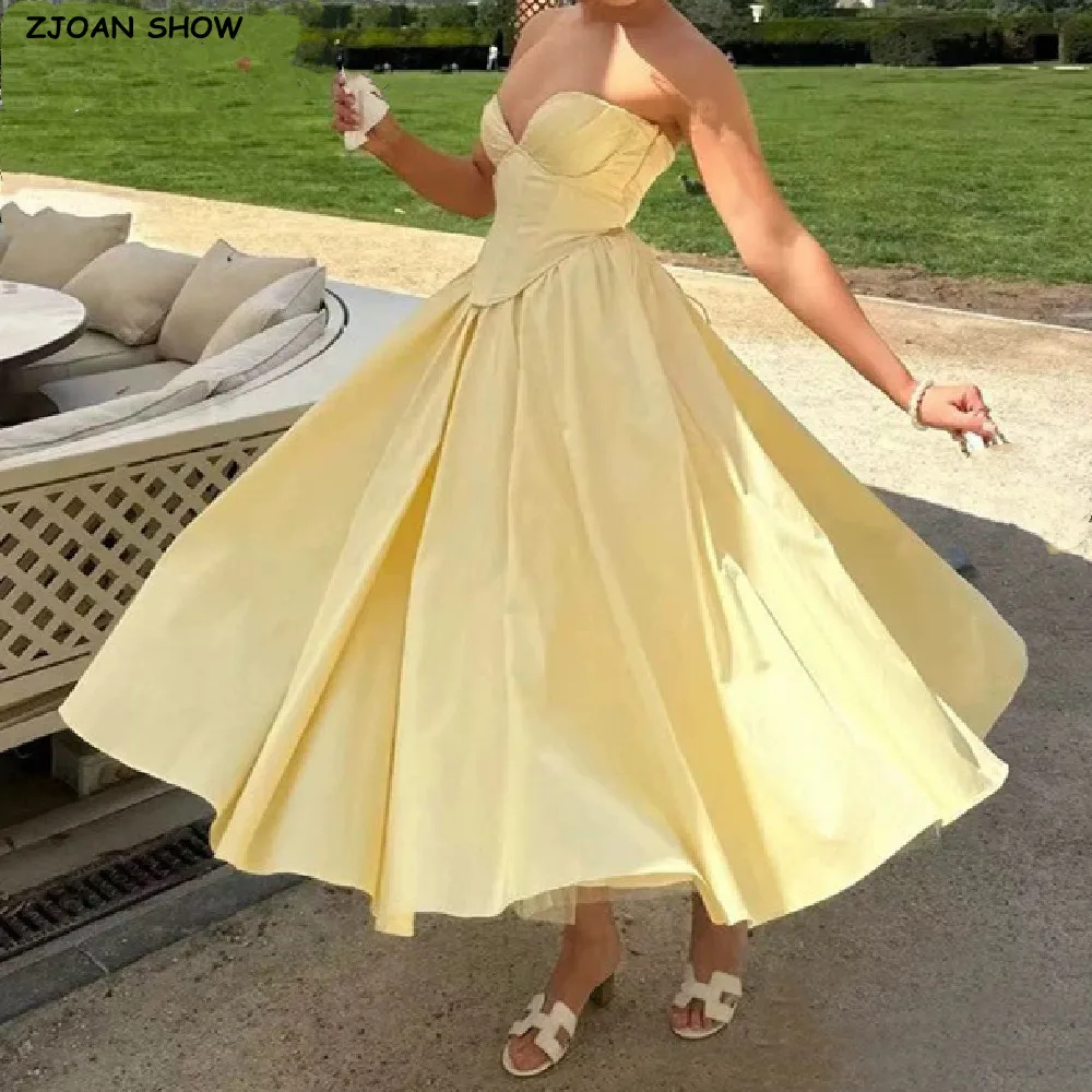 3 colors Sexy Wire Chest Boning Slim Waist Long Strapless Dress Women Cross Lacing up Back Ruched Hem Swing Party Vestido Yellow