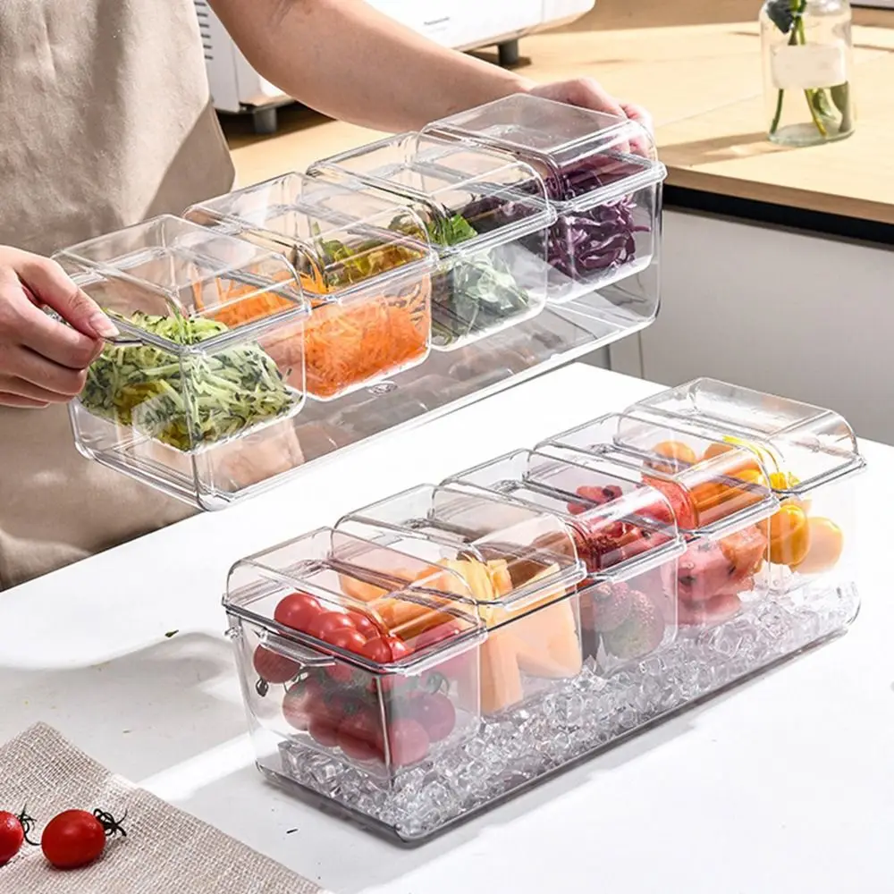 Plastic 4/5 Grids Condiment Tray Dustproof Large Capacity Transparent Fresh Iced Box Divider Lid Chilled Fruit Salad Box Picnic