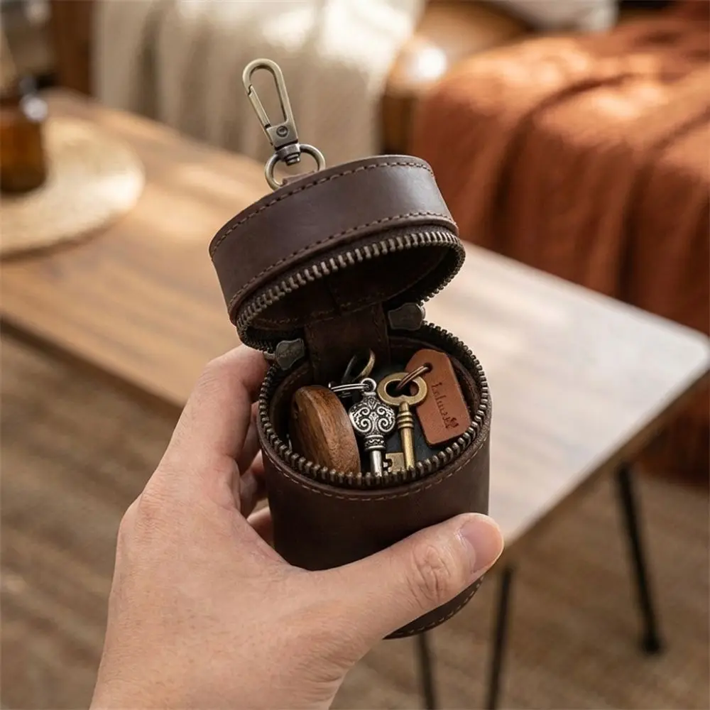 PU Leather Coin Storage Bank Handmade Cylindrical Key Storage Pouch Round Zipper with Clip Car Interior Piggy Bank