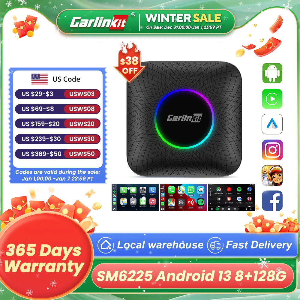 CarlinKit CarPlay Ai Box Android 13 SM6225 8 cores 8G+128G Smart Android TV Box Wireless CarPlay Android Auto Support 512GB SD