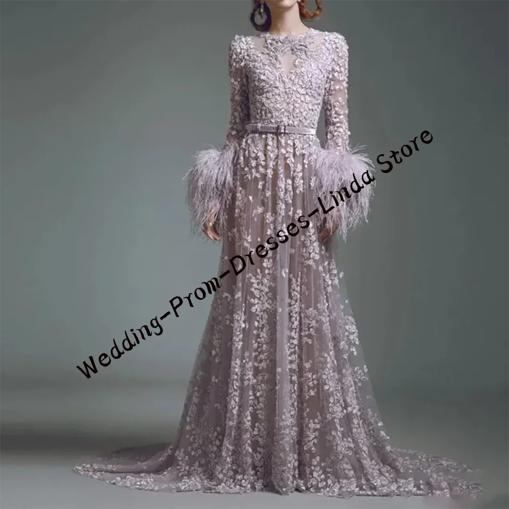 

Luxury O-Neck Appliques Lace Feather Floral Straight Formal Evening Dresses Party Prom Gowns Customized