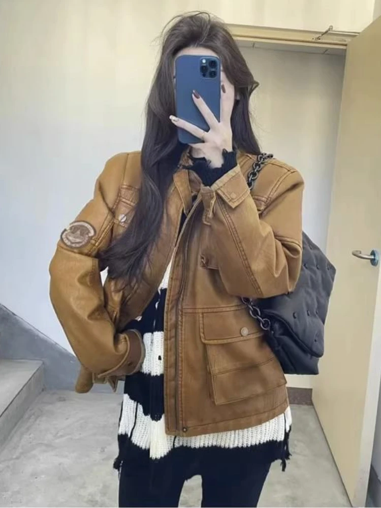 Brown Vintage Leather Moto Jacket Women 2023 Winter Warm Korean Fashion Biker Jacket Female Casual High Street Pockets Chic Coat