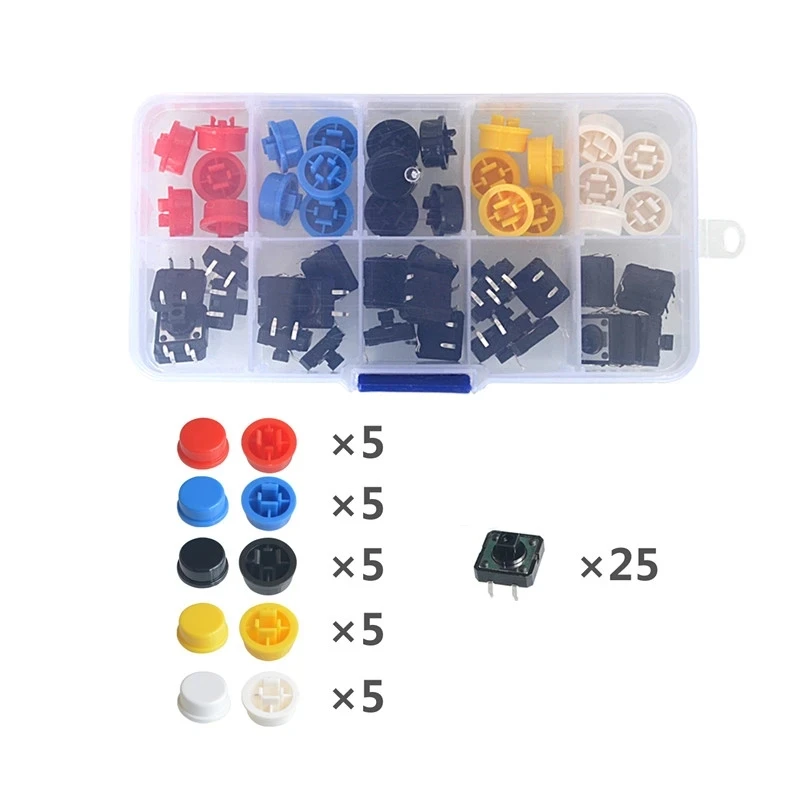 25 Sets Tactile Push Button Switch Momentary 12*12*7.3MM Micro Switch Button Circular Cap Kit (5 Colors) for Arduino Switchs