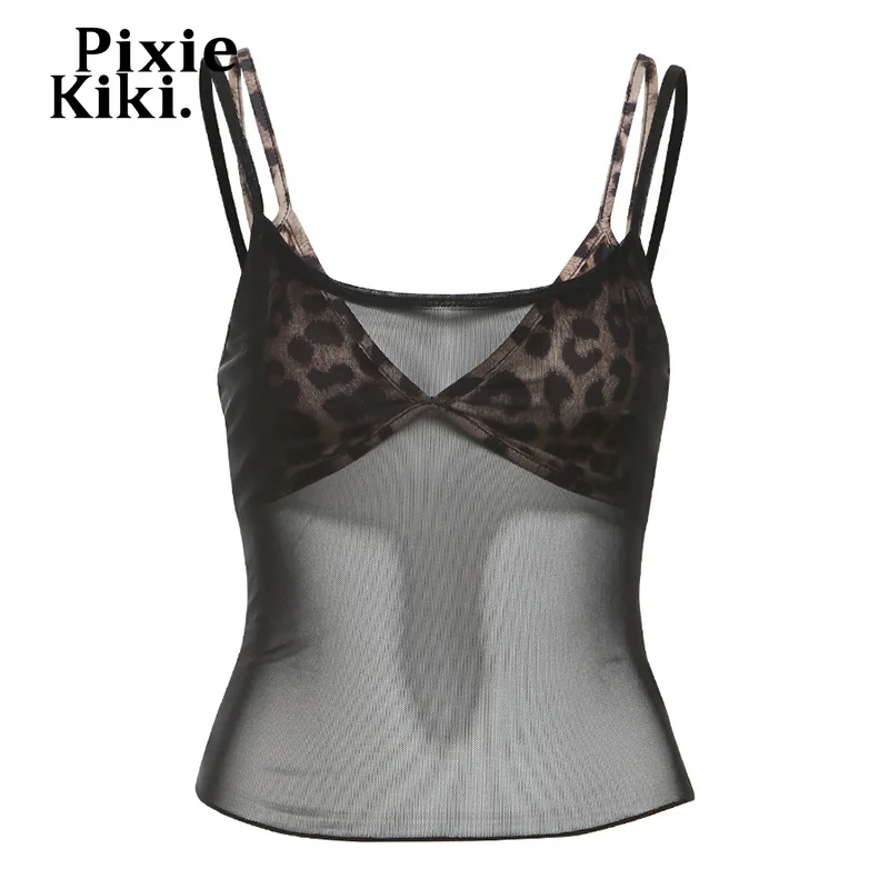 PixieKiki مثير تانك القمم ملابس للنادي النساء الفهد طباعة بيكيني الأعلى وشبكة سوداء شير المحاصيل القمم 2 قطعة مجموعة P94-BZ14