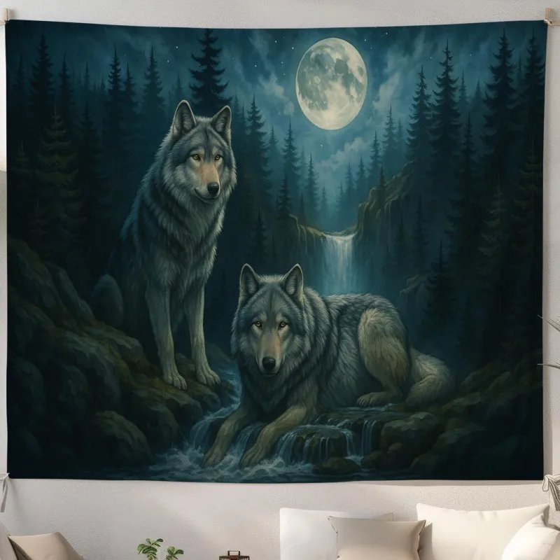 VIKAMA Wolves Moonlight Tapestry Wall Hanging Forest Waterfall Night Sky Full Moon Nature Aesthetic Wall Art Bedroom Dorm Decor