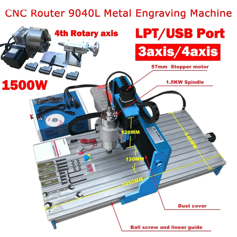 

CNC Router 9014L Metal Engraver Linear Guideway 3Axis 4 Axis USB LPT Port Aluminum Woodworking Engraving Milling Machine 1500W