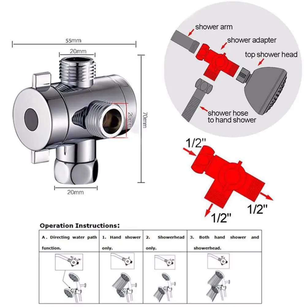 

3 Way Shower Head Diverter Faucet Shower Manifold Valve Universal System Component Replacement Part Chrome Valves for Bathroom