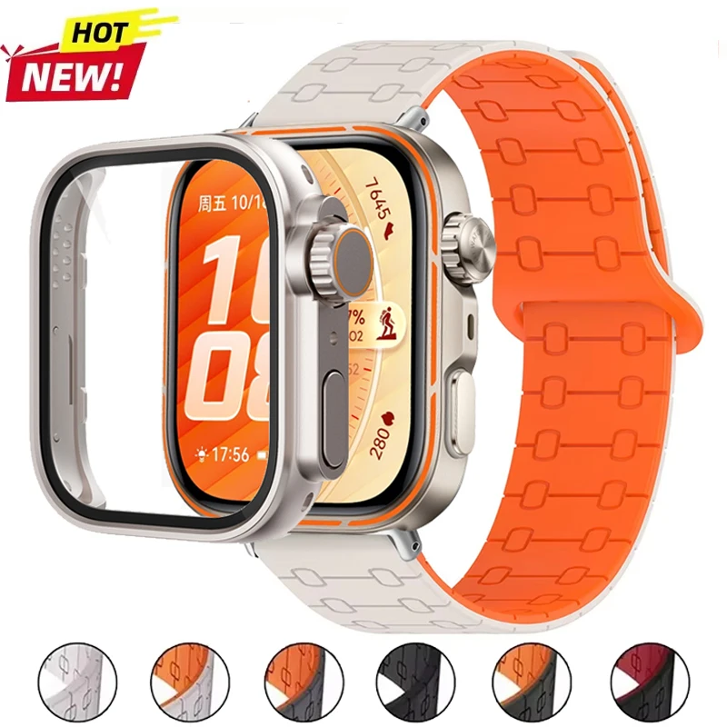 PC-Hülle aus gehärtetem Glas + magnetisches Silikonarmband für Huawei Watch Fit 5 Fit 5Pro/Fit 4 4Pro Fit 3 – Verwandeln Sie in einen Ultra-Schutz