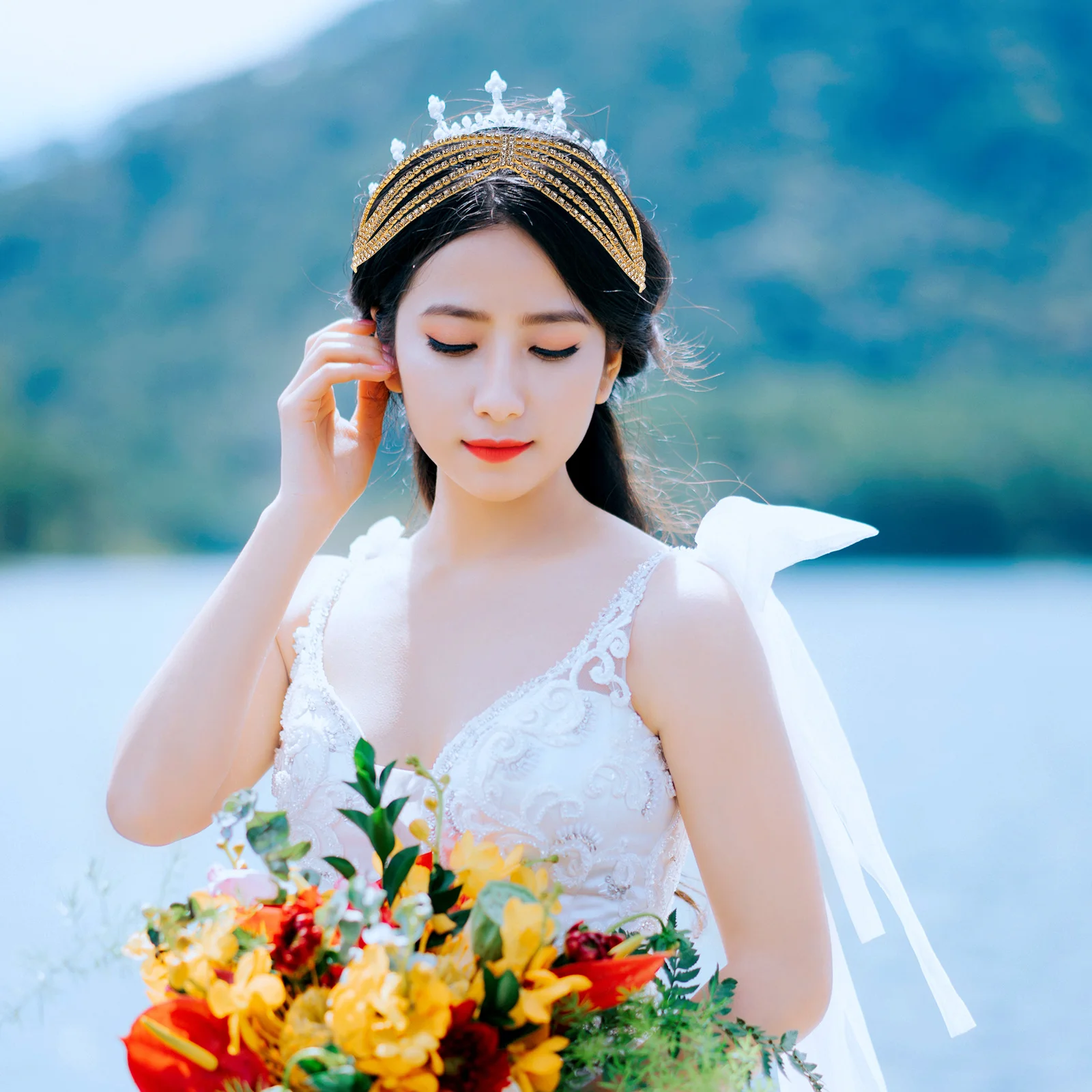 

Rhinestone Headband Multi-layer Hairband Thick Headbands Women Pearl Wedding Accessories Chain Jewelry for Alloy Girl