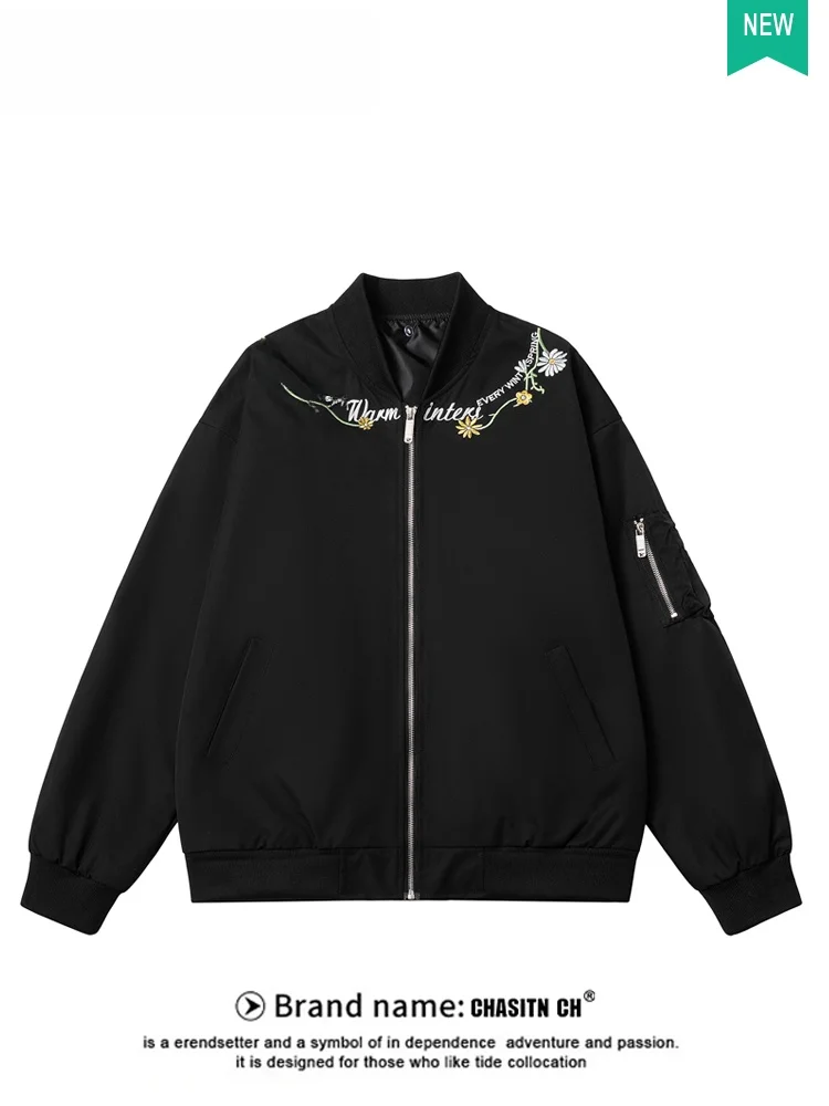 

Casual Men's Baseball Jaet with Embroidered Floral Design Loose Fit Faionable Urban Sle Autumn Winter Outerwear for Cou...